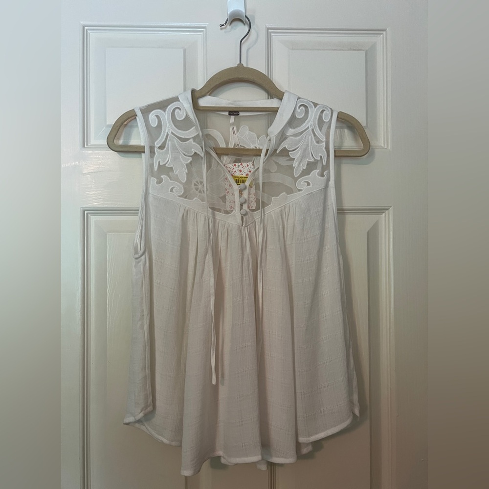 Free People White Western Crosshatch Mesh Tie Front Blouse Size XS New with Tags